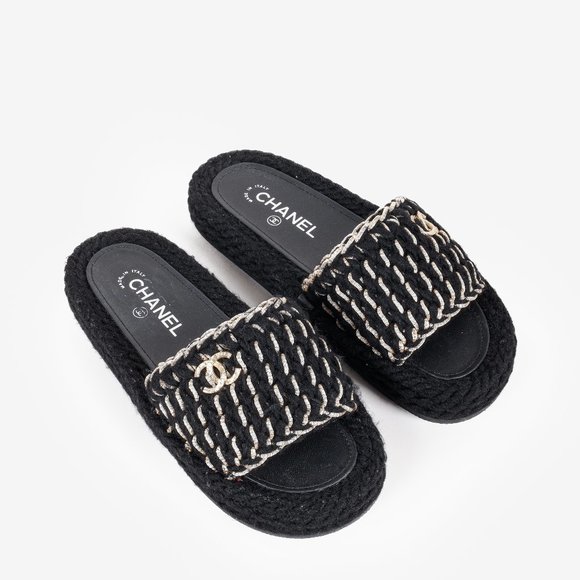 Chanel 2022 CC Black Knit Slide Sandals - Picture 1 of 12